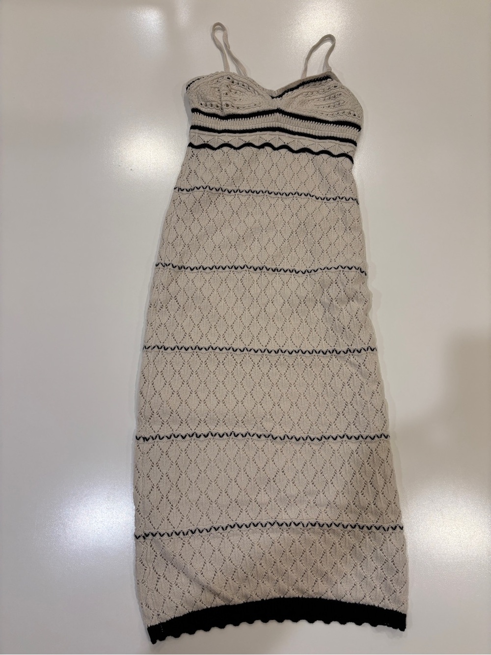 Crochet Spaghetti Strap Dress with Black‎ Accents Size XS/S Midi Length Festival